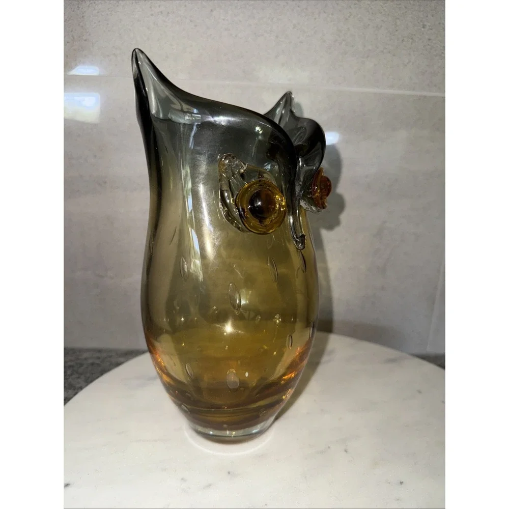 MOUTH BLOWN Amber Gray Vase OWL Shape LARGE 9